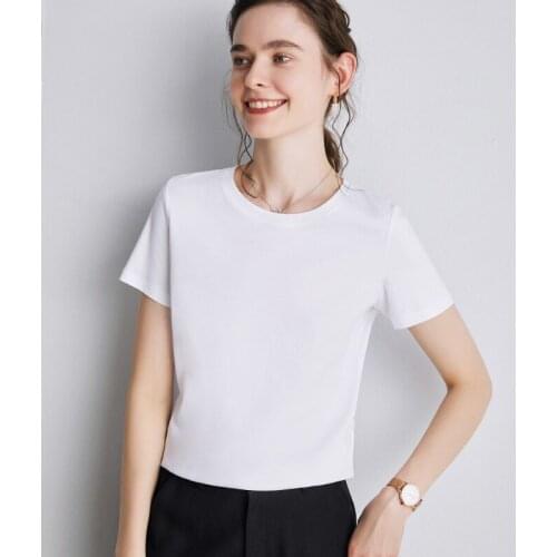 Summer WomenT-shirt silk cotton Casual Solid ColorT-shirt Womens Top Round V-neck t-shirt short-sleeve top Basic T-shirt