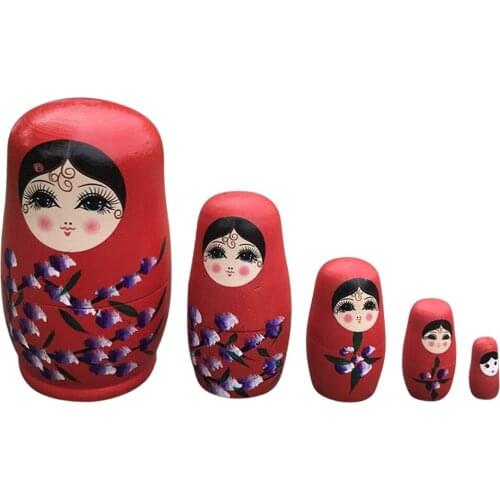 5-Layer Paint Color Matryoshka Russian Wooden Nesting Doll Craft Handmade Painted Childrens Wooden Toys Decoration Doll Red