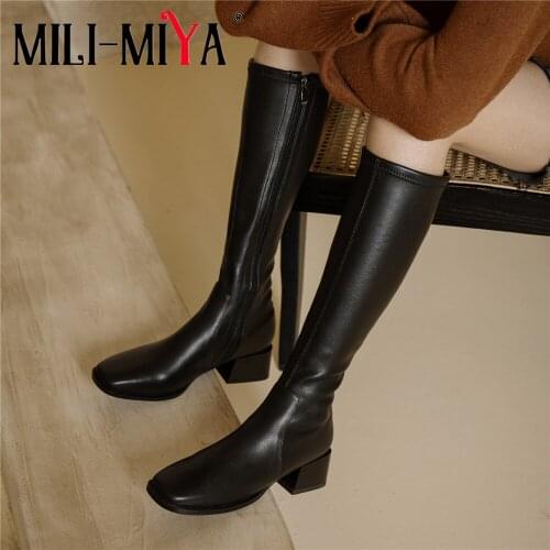 MILI-MIYA Fashion Women Cow Leather Riding Boots Knee High Round Toe Square Heels Zipper Size 34-40 Handmade For Ladies