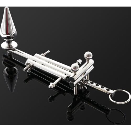 Multi-function Metal Male Chastity Belt Stretch Testicular with Anal Plug Penis Ring Ball Stretcher PENIS GLIP ADJUSTABLE STICK