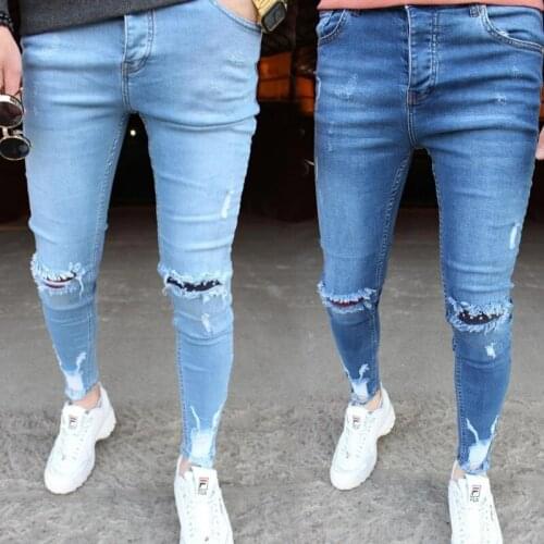 Men slim jeans spring and autumn new high-waist fashion washed distressed hole casual sports jeans men pencil pants