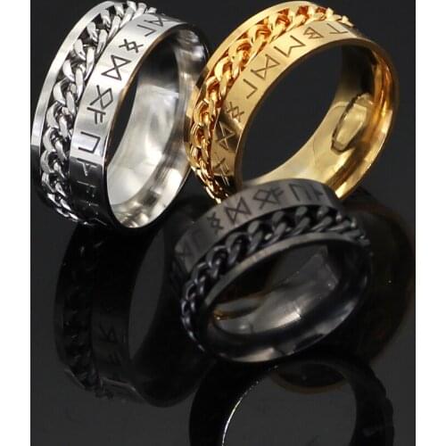 Nordic Viking Mens Stainless Steel Chain Spinner Rune Ring with Valknut Gift Bag Anxiety Fidget Rings