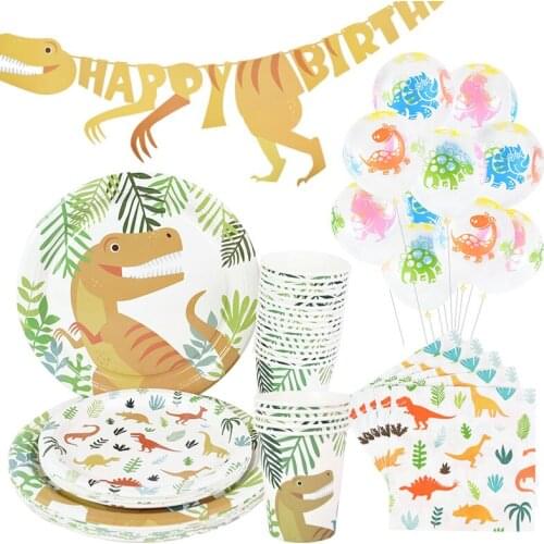 Dinosaur Decor Disposable Tableware Sets Paper Plates Cup For Baby Shower Kids Jungle Birthday Party Supplies Dino Latex Balloon