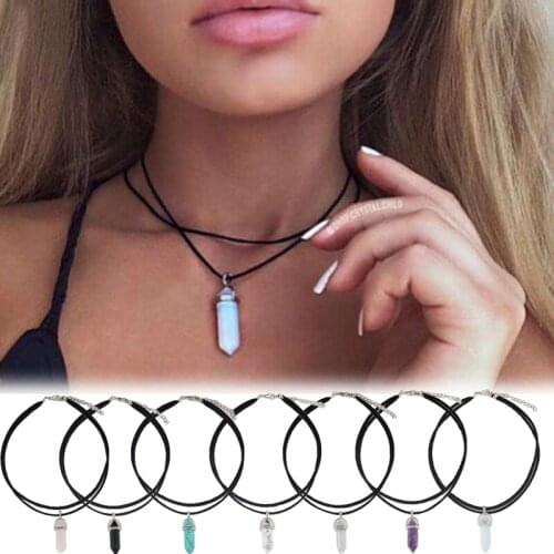 Natural Reiki Chakra Necklace Crystal Hexagonal Pointed Chakra Stones Pendant Women Black PU Leather Choker Statement Necklace