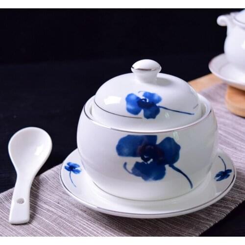 Platinum Stew Hotel Ceramic Stew Birds Nest and Sharks Fin Stew Dessert Rotary Soup Cup with Covered Bowl