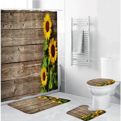 Sunflower Shower Curtains 3D Print Plank Wood Grain Anti-skid Mat Carpet Bathroom Set with Shower Curtain and Rugs Home Decor