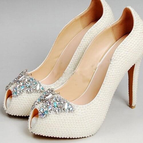 Luxury High Heel Shoes Imitation Pearl Rhinestone Shoes Elegant Party Pumps White Wedding Dress Shoes Bridal Shoes