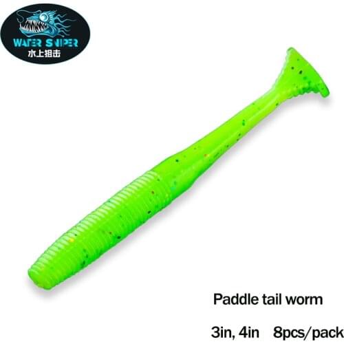 WATER SNIPER Silicone Baits 3in 4in 8pcs/pack Soft Worm Lure With Big Paddle Tail Jigging Wobbler Fishing Lure Bass Swimbait