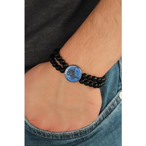 Navy Blue Metal Black Ottoman Empire Tugra Figured Black Color Double Row Natural Stone Mens Bracelet