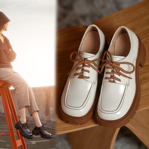 New Genuine Leather Lace-Up Women Shoes Fashion Deep-mouth Platform Shoes Square Toe Thick Heel Handmade Shoes Woman Size 34-39