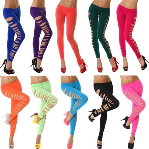 LJCUIYAO Fashion Women Girls Candy Color Leggings Stretchy Skinny Sexy Slim Hole Ripped Leggings Hollow Elastic Skinny Pants