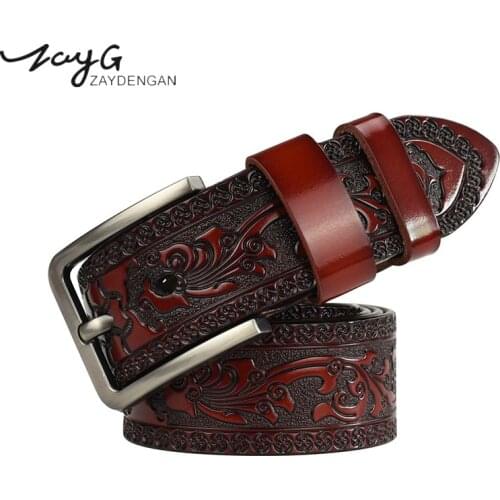 ZAYG New Fashion Designer Carved Vintage carved Pattern Belt High Quality Genuine Leather Belts for Men Big Name Famous Brand