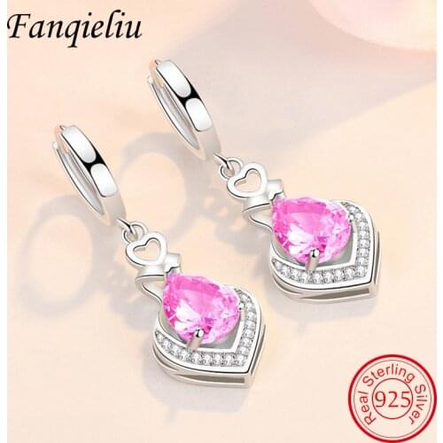 Fanqieliu Real Sterling Silver 925 Earrings Women Crystal Drop Jewelry Wedding Gift Heart Dangler For Girl FQL21395