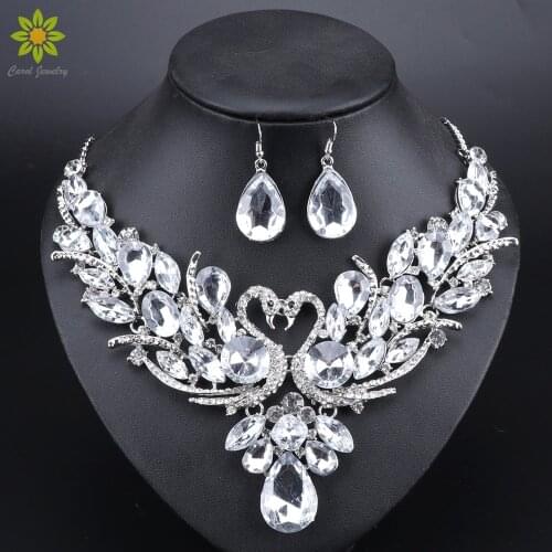 Clear Crystal Bridal Jewelry Sets Silver Color Swan Pendant Necklace Women Gift Party Wedding Prom Necklace Earring Accessories
