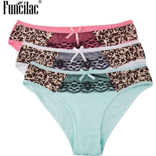 FUNCILAC Brand Underwear Women Sexy Leopard Print Briefs Mesh Lace Ladies Panties Pink Stars Knickers Seamless Lingerie 3pcs