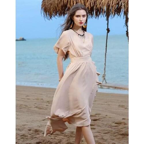 2021 Summer New Big Chiffon Long Skirt Lace-up Waist Ruffle Dress Was Thin V-neck Beach Skirt