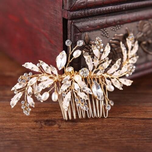 Gold Color Crystal Beads Leaf Handmade Bridal Hair Comb Hair Sticks Wedding Bride Hairpin Headpiece Hair Jewelry Accessories SL