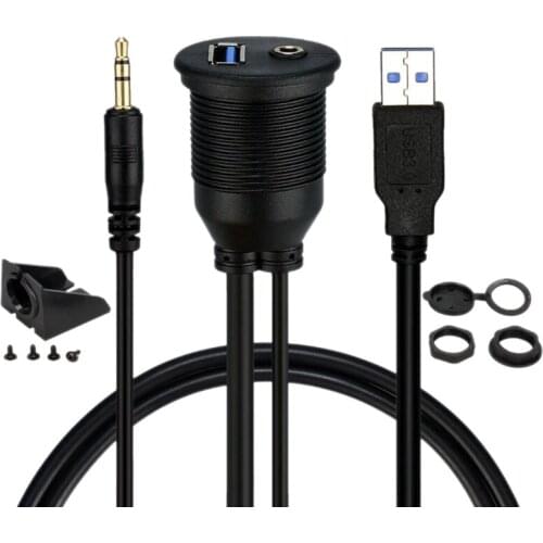 6.6TF Flush Mount Cable USB+3.5Mm Female To USB+3.5Mm Male Dash Panel Waterproof Extended Cable,For Car Motorcycle Boat