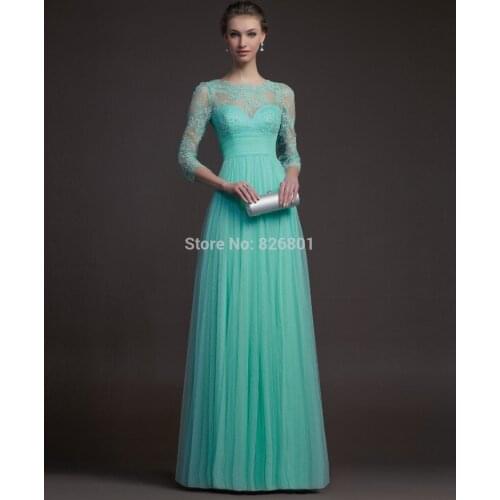 Free Shipping Turquoise Tulle Elegant Lace Evening Dress With Long Sleeves Formal Prom Gown 2014 New Arrival vestidos de festa