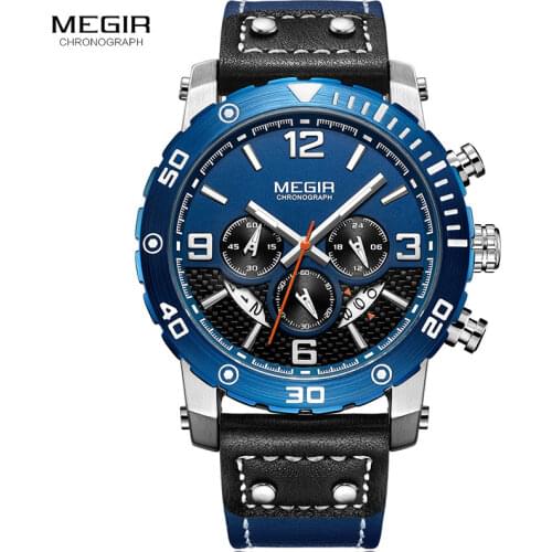 MEGIR Mens Sports Chronograph Quartz Watches Fashion Leather Band Analogue 24-hour Display Wrist Watch for Man Blue 2084GBE-2