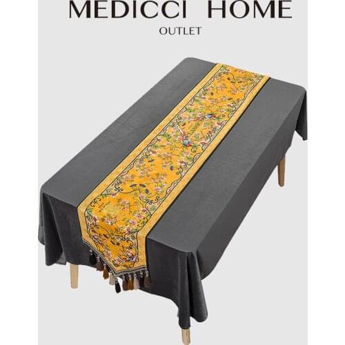 Medicci Home Chinese Retro Table Runner With Tassels Court Style Luxury Yellow Luxurious Bed Scarf Dresser Decoration 30x180cm