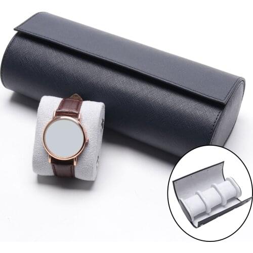 3 Slot Classic Waterproof Leather Watch Roll Travel Case Handmade Elastic Cylinder Watch Storage Case Gifts for Business Journey