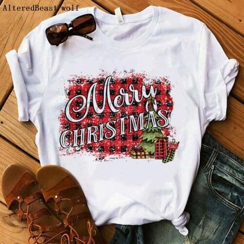 Christmas tshirt 2019 Plaid gift Women letter print women summer white casual christmas T Shirt female vogue clothes tops tee