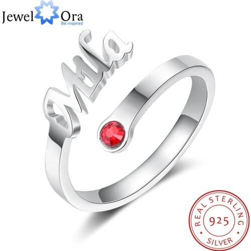 JewelOra 925 Sterling Silver Personalized Name Ring with Birthstone Customized Nameplate Open Rings for Women Christmas Gifts