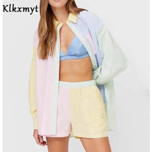 Klkxmyt Za Women 2 Piece Sets 2021 Summer Fashion Stripe Splicing Shirts Set+High Waisted Casual Shorts Suit Casual Woman Outfit