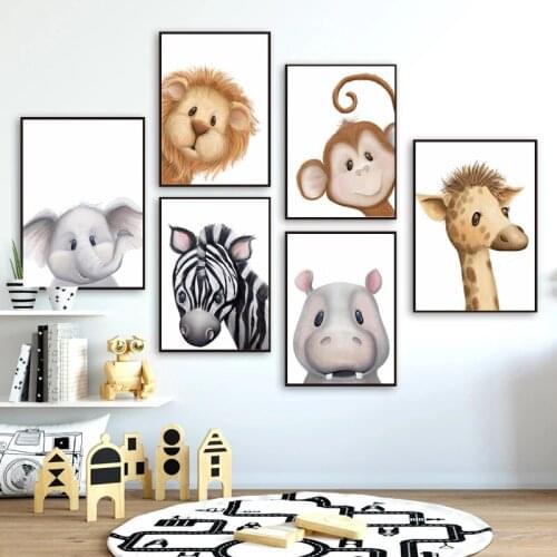 Cartoon Animals Nursery Poster Print Lion Monkey Giraffe Wall Art Pictures Decoration Kids Bedroom Canvas Painting Boy Girl Room