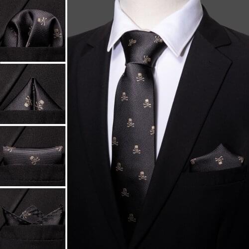 Barry.Wang Fashion Designer Brown Skull Men Tie 8.5cm Silk Tie Handkerchief Set Gift For Men Wedding Groom Business Necktie