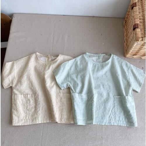 2021 new girls boys shirt cotton linen summer short sleeve kids top