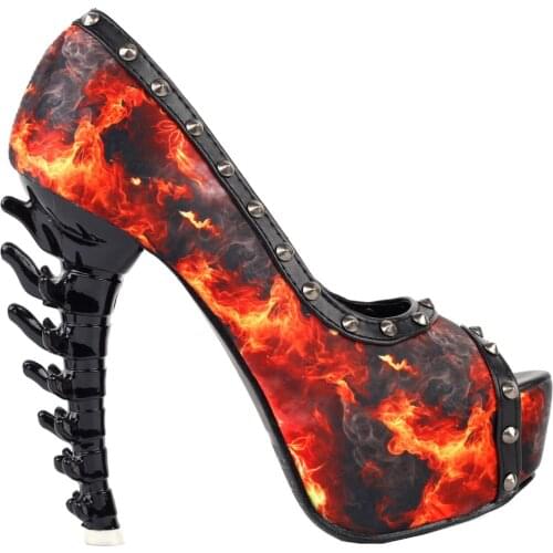 LF80637 Punk Black Red Flame Studs Peeptoe Platform Bone Heels Pumps Size 4/5/6/7/8/9/10