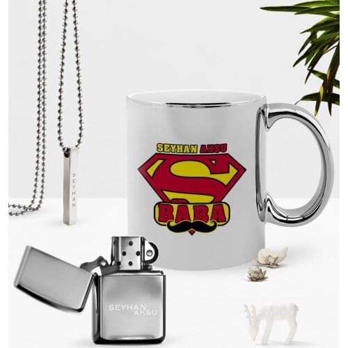 Personalized Super Dad Chrome Mug Gasoline Lighter Pendant Seti-1