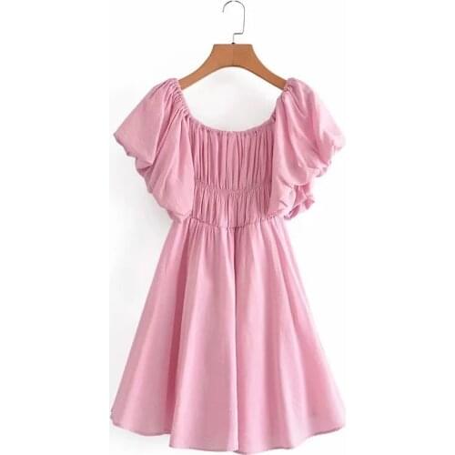 Summer Dress Sweet Pink Puff Sleeve Elastic Neck Ball Gown Fashion Elegant Casual Slim Chic Mini Vestidos Mujer 2021