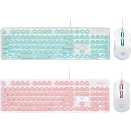 Portable Retro Keyboard Mouse Kit Wired Gaming Keyboard with Round Key Cap Multimedia Button Keyboard Mouse Set