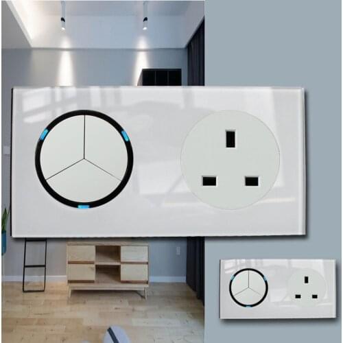 146 Type 3 gang 2 way UK switch Crystal Tempered Pure Glass Panel 13a Double Eu Standard Wall Power Socket Grounded white