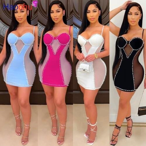 HAOOHU Sexy Beading Mesh Sheer Splicing Mini Dress Summer Clothes for Women Birthday Outfit Bodycon Night Club Party Dresses