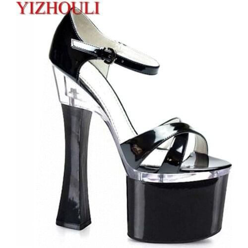 Sexy high heels with peep-toe black heels, square root strap sandals, 18 cm high heel stage sandals