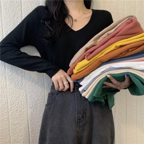 V-neck sweater womens long-sleeved short pullover sweater autumn spring thin bottoming shirt top
