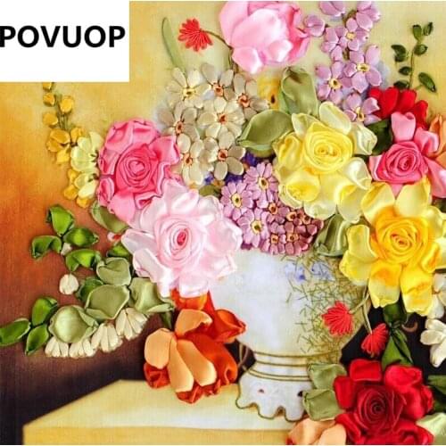 POVUOP Ribbon embroidery 65X50CM entranceway fashion paintings delicate fragrance fashion 3d intergards the flower cross stitch
