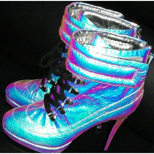 2017 Punk Style Women Color Intrigue Mirror Shiny Leather Ankle Boots Thin High Heel Platform Ladies Lace Up Stage Multi Botines