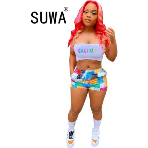 Colorful Letter Printed Tracksuit Women Two Piece Sets Workout Clothes Crop Tops High Waist Shorts Sexy Club Outfits Wholesale