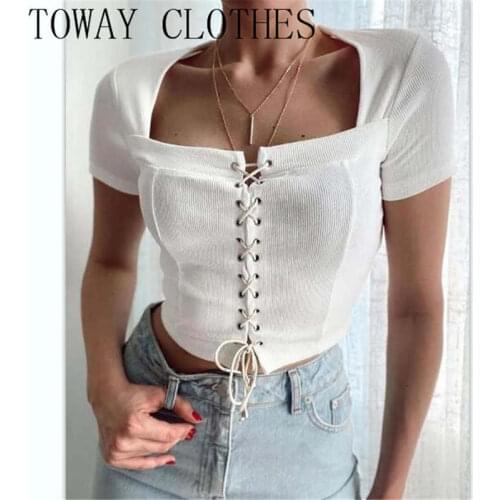 Square Neck Short Sleeve Eyelet Lace Up Square Neck Crop Top Casual Top Summer Shirt Blouse For Women 2021