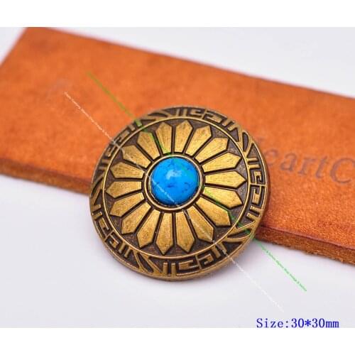 10pcs 30mm Brass Sun Flower Carved Blue Turquoise Leathercraft Hardware Western Belt Luggage Bag Conchos For leather Screw back