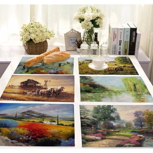 American Landscape Art Table coaster Decoration and Accessories Tree Lake Printed Food Placemat Party Wedding Banquet Tableware