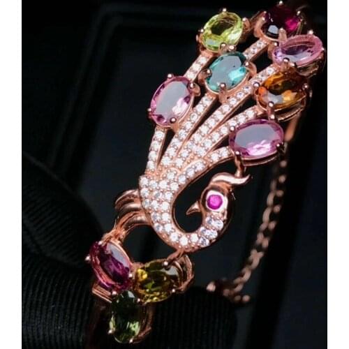 Elegant Natural Multicolor tourmaline Peacock Wing Bangles Natural gemstone Bangles S925 silver bracelet women party jewelry