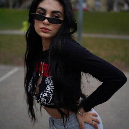 Harajuku Black T Shirt Goth Sexy Hollow Out Letter Print T-shirts Streetwear Women Long Sleeve Basic Cropped Tops