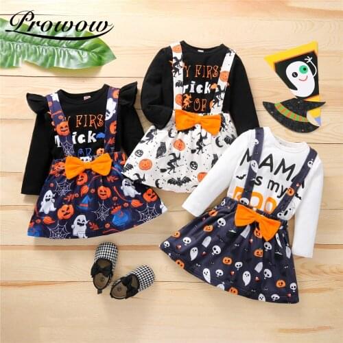Prowow 1-5Y Baby Halloween Costume Pumpkin Ghost Kids Girls Clothing Set Autumn Winter Girls Top+Strap Dress Party Baby Clothes