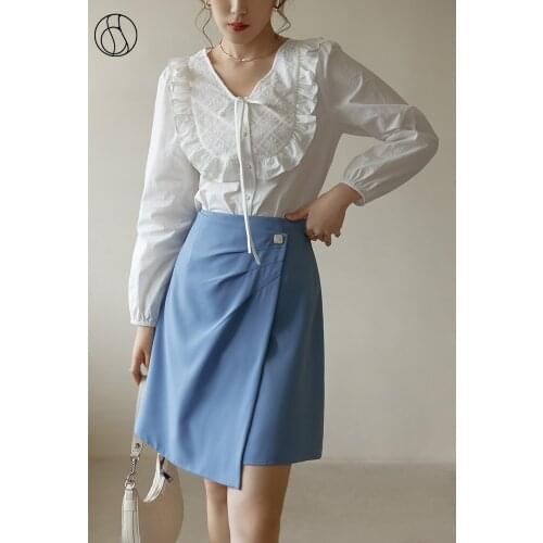 DUSHU 2021 Early Autumn New Fashion All-match Knee-length Skirt Solid Color Irregular Fold Design Asymmetric A-line Twill Skirt